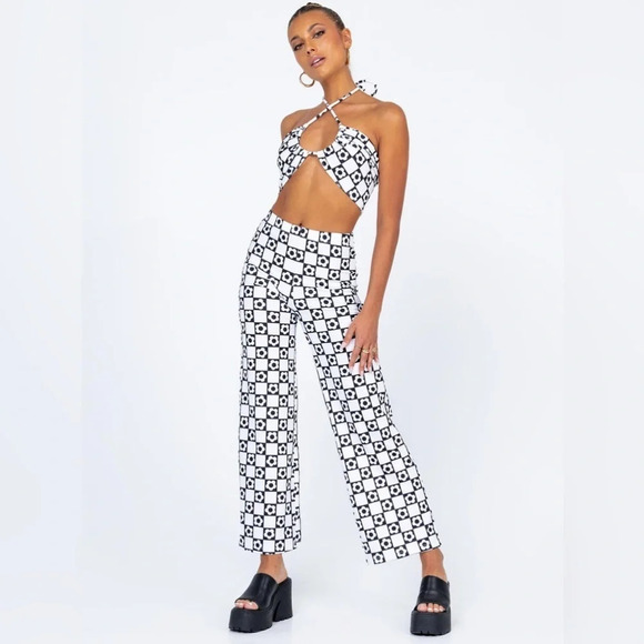 Princess Polly Wide Leg Pants Black White Daisy Print Size 0 - Picture 1 of 5